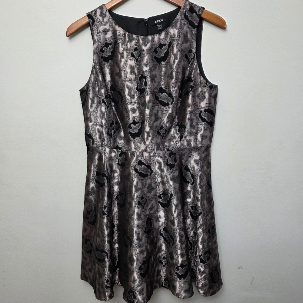 Apt. 9 Fit and Flare Dress Womens 10P Silver Black Metallic Leopard Print Glam